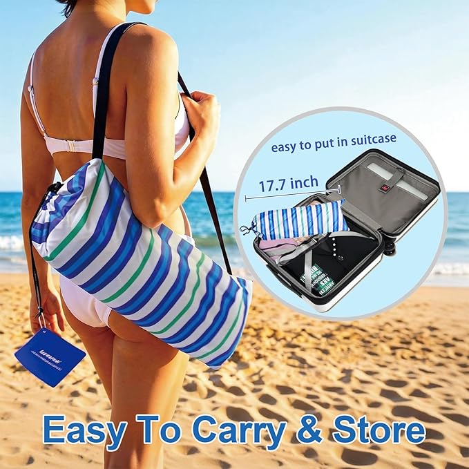 6.5ft Beach Umbrella - Heavy Duty Wind Resistant UV 50+ Portable Sun Shade with Sand Anchor & Carry Bag, Outdoor Folding Umbrella for Beach, Pool, Patio, Garden (Blue diagonal strip)