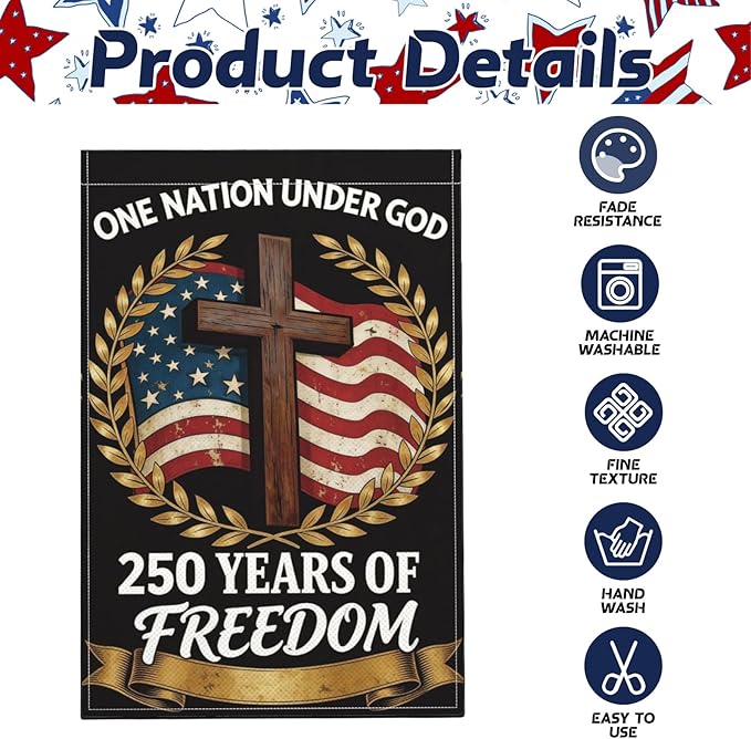 250th Anniversary Garden flag - 12 x 18 Inch Fade-Resistant Double Sided Cross Wheat Ears Pattern 4th of July Spring Summer Yard Flag Gift for Memorial Day Outdoor Patio Patriotic Home Decoration