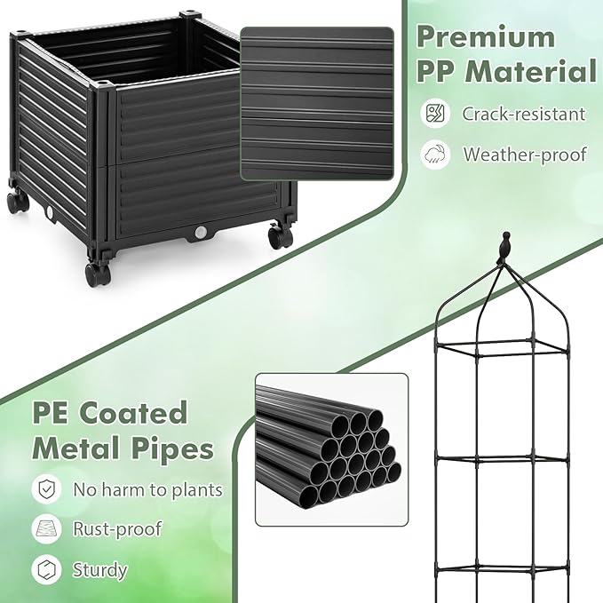 Giantex Raised Garden Bed with Tomato Cages, Obelisk & Bird Top, 10 Fasten Straps, Gloves, 83” 67” 51” Adjustable Height, Self Watering Planter Box with Wheels & Trellis for Climbing Plants