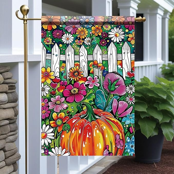 Pumpkin Flower Garden Flag 12x18 Inch Double Sided Outdoor Yard Banner Colorful Floral Fence and Pumpkin Design for Autumn Fall Harvest Patio Porch Lawn Decoration