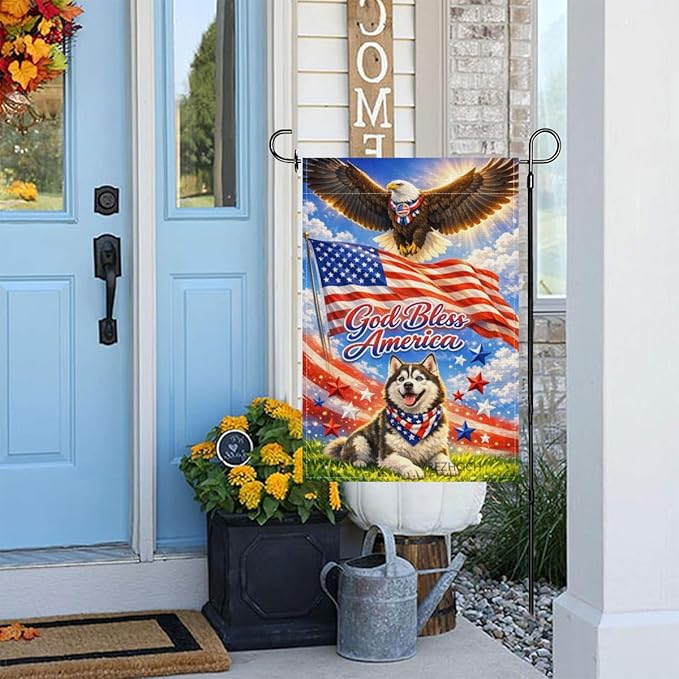 Patriotic Husky Garden Flag 12x18 Inch,American Independence Day Outdoor Yard USA Flag Funny Animal,Red White Blue 4th of July Lawn Porch Double Sided Outside Decor