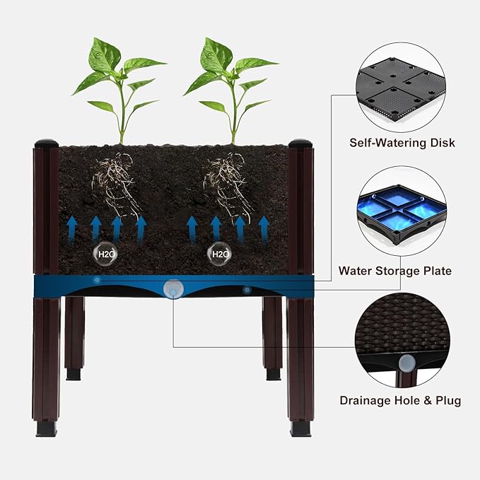 MAYOLIAH Raised Garden Bed with Drainage Elevated Planter Box Plastic Raised Beds for Gardening Vegetables Herb Flowers, Perfect for Indoor Outdoor Planting, 4 Boxes Brown