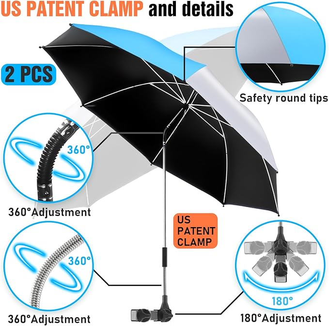 2 Pack Beach Umbrella with 360 Universal Clamp, UPF50+ Umbrella Outdoor Patio Sun Protection for Chairs, Beach &Patio Use (Not Include Chair)