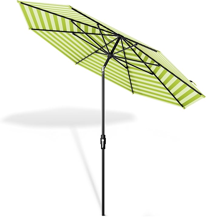 The Swilt 9 Feet Outdoor Umbrella With Terylast Pear Stripes (Green/White) Polyester Fabric - Fiberglass Ribs, Auto-Tilt And Swivel Aluminum Frame Patio Umbrella For Deck, Garden, Pool - Black Pole