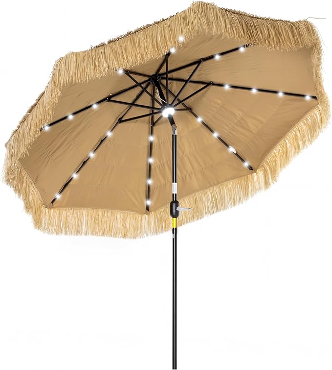 Outsunny 9 ft Hula Thatched Tiki Patio Umbrella with LED Solar Light, Tropical Hawaiian Style Outdoor Umbrella with Crank, Tilt, UPF30+, for Garden, Backyard, Deck, Pool, Khaki