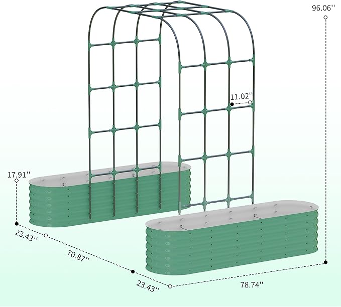 Galvanized Raised Garden Bed with 96 in Tall Vertical Arch Trellis – Expandable Rust-Resistant Planter Box for Outdoor Plants, Flowers, Herbs & Vines – Includes Plant Clips, Drainage Netting,Green