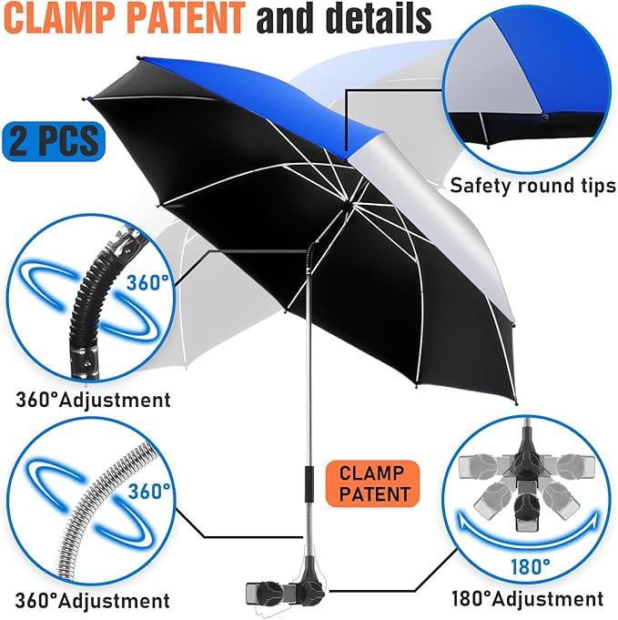 2 Pack Beach Umbrella with 360 Universal Clamp, UPF50+ Umbrella Outdoor Patio Sun Protection for Chairs, Beach &Patio Use (Not Include Chair)