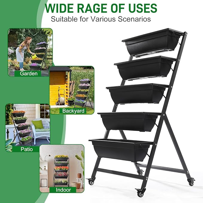 5 Tiers Vertical Elevated Raised Garden Beds,Metal Tiered Planter Stand,Indoor Outdoor Plant Display Rack,Vegetable Flower Raised Stands,with Wheels,for Patio Balcony Lawn Porch Backyard (Black)