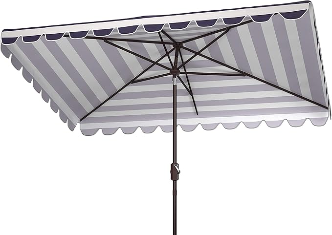 Safavieh PAT8311C Outdoor Vienna Navy and White 6'6" x 10' Rectangle Crank UV Protected Umbrella