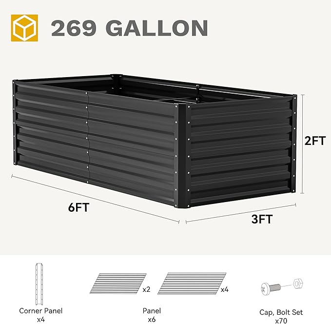 DWVO 2pcs 6 x 3 x 2 FT Raised Garden Bed Kit, Outdoor Galvanized Flower Bed with Gloves, Large Metal Planter Box for Vegetables, Flowers, Herbs, Fruits, Black