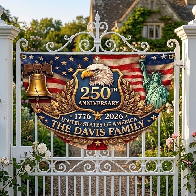Custom America 250th Anniversary Bunting Flag, Personalized Name Semiquincentennial Flag, America 1776 2026 Banner, USA 250 Years Outdoor Decor, Patriotic Family Family Porch, Fence