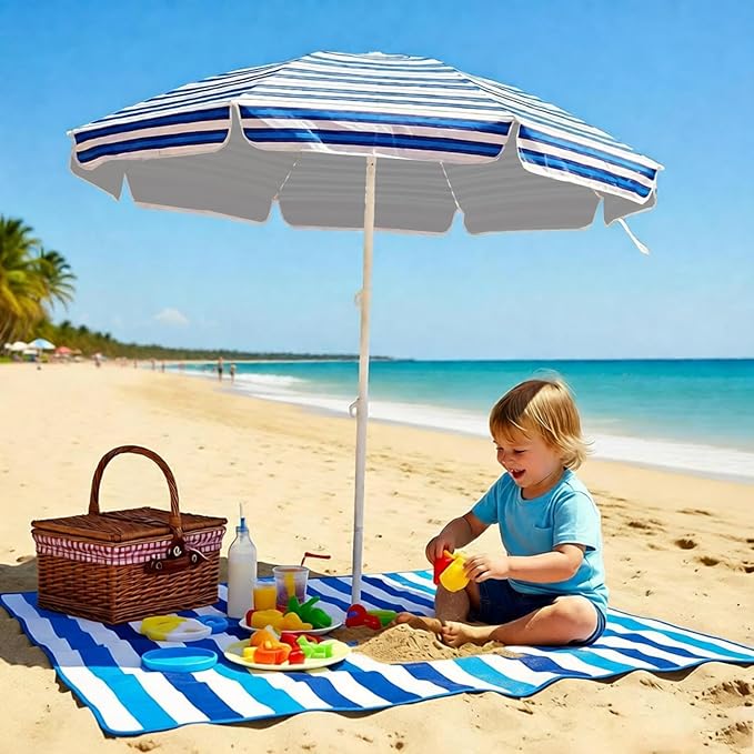 6.5ft Beach Umbrella - Heavy Duty Wind Resistant UV 50+ Portable Sun Shade with Sand Anchor & Carry Bag, Outdoor Folding Umbrella for Beach, Pool, Patio, Garden (Blue diagonal strip)