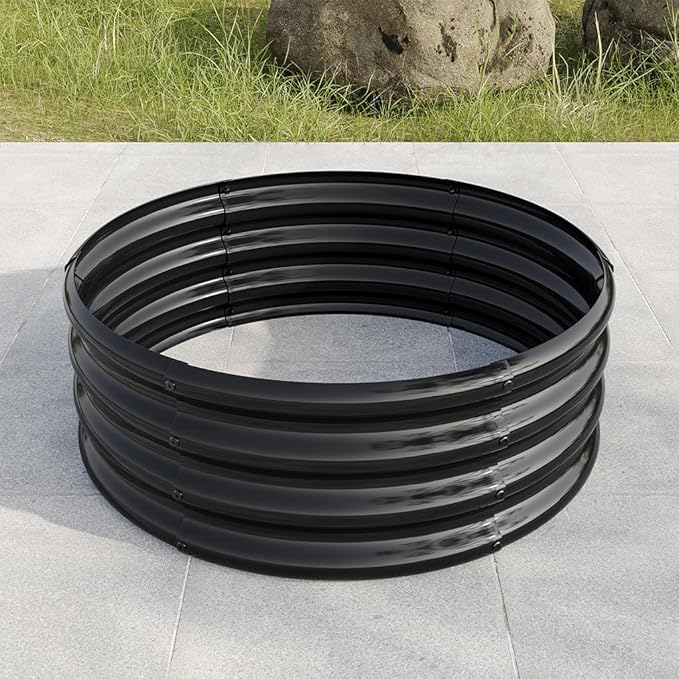 Round Galvanized Raised Garden Bed kit, Steel Fire Pit Ring Flower Planter Metal Above Ground Boxes Kit Patio Ground Planter for Planting Vegetables and Herb,Black,32.1"×11.4"