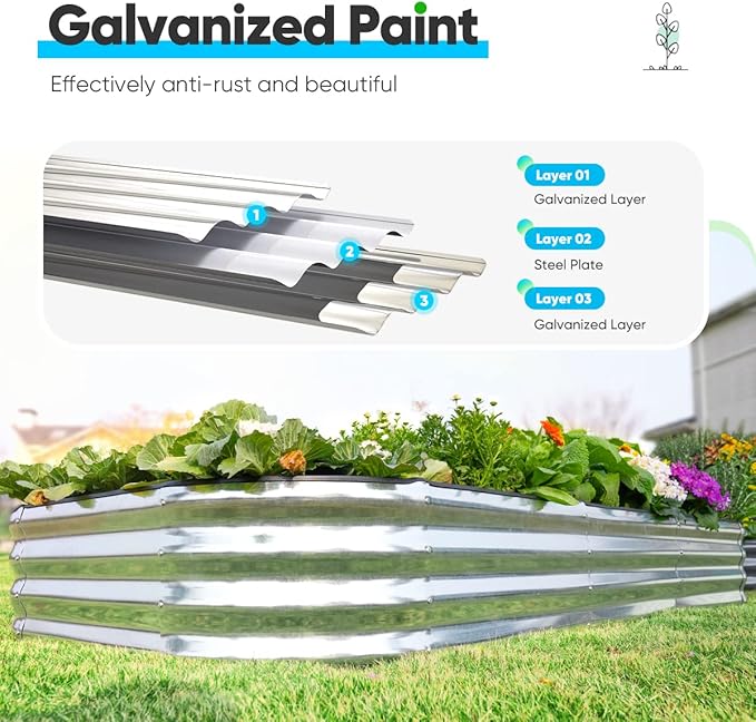 Quictent Galvanized Raised Garden Bed Kit, 8x4x1 ft Oval Metal Planter Box for Vegetables, Rubber Strip Edging Included (Silver)