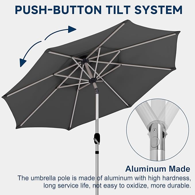 9FT 3-Tier Aluminum Outdoor Patio Umbrella, Fade-Resistant Market Umbrella with Push Button Tilt Function, 8 Sturdy All-Aluminum Ribs for Gardens, Patios, Backyards & Pools