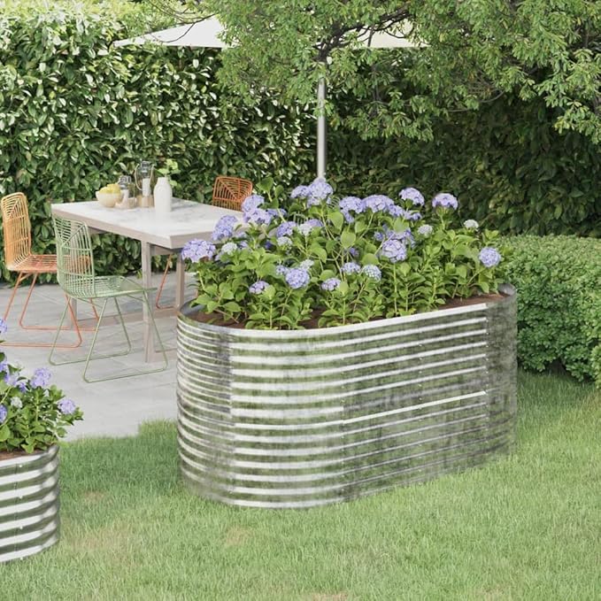 Garden Raised Bed, Silver Powder-Coated Steel, Large 59.8" Oval Planter for Outdoor Plants, Durable Raised Garden Bed for Vegetables