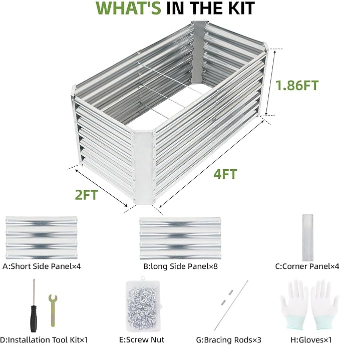 4x2x1.86ft (2 Pack) Raised Garden Bed - Galvanized Deep Root Planter Boxes Outdoor with Wing Nuts and Safety Edges for Gardening Vegetables, Flowers, Herbs, Succulents - Silver