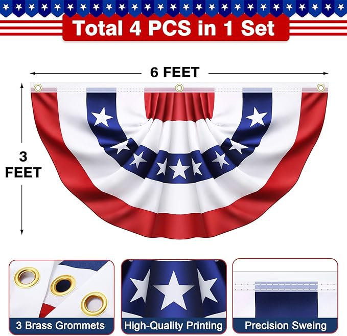 4 Pack 3x6 Ft Large American Flag Bunting - USA Pleated Fan Flags for Outside - Red White & Blue Patriotic Decor for 250th Anniversary,Memorial Day, Independence Day 4th of July Decorations