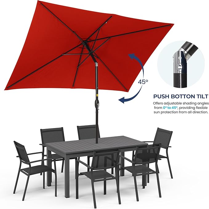 Patio Umbrella Striped Outdoor Table Market Umbrella with Push Button Tilt and Crank Sturdy Aluminum Ribs for Deck, Lawn, Pool& Backyard