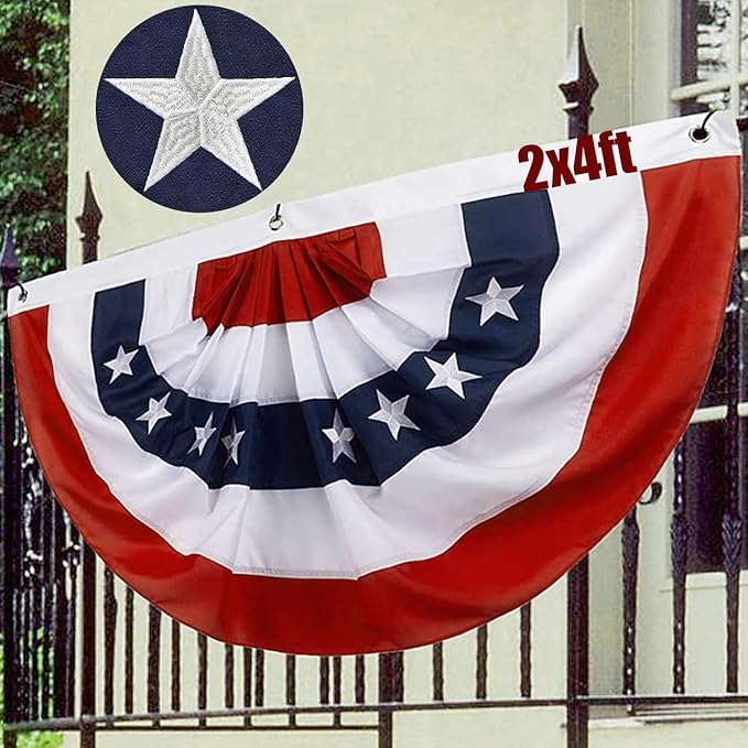 American Pleated Fan Flag Buntings for Outside 2x4- Heavy Duty USA Patriotic Bunting Banner Flags with Embroidered Stars and 3 Brass Grommets 4th of July Memorial Day Party Outdoor Decoration