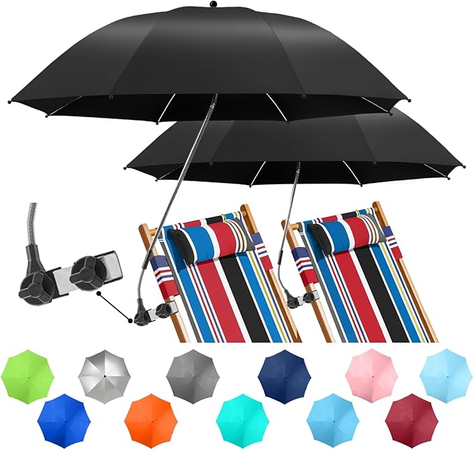 2 PACK Beach Umbrella with Clamp, 360 ° Adjustable Umbrellas for Chair, UPF50+ Umbrella for Beach Chair, Patio Chair, Wheelchair, Camping Chair, Golf Carts (Chair Not Included)
