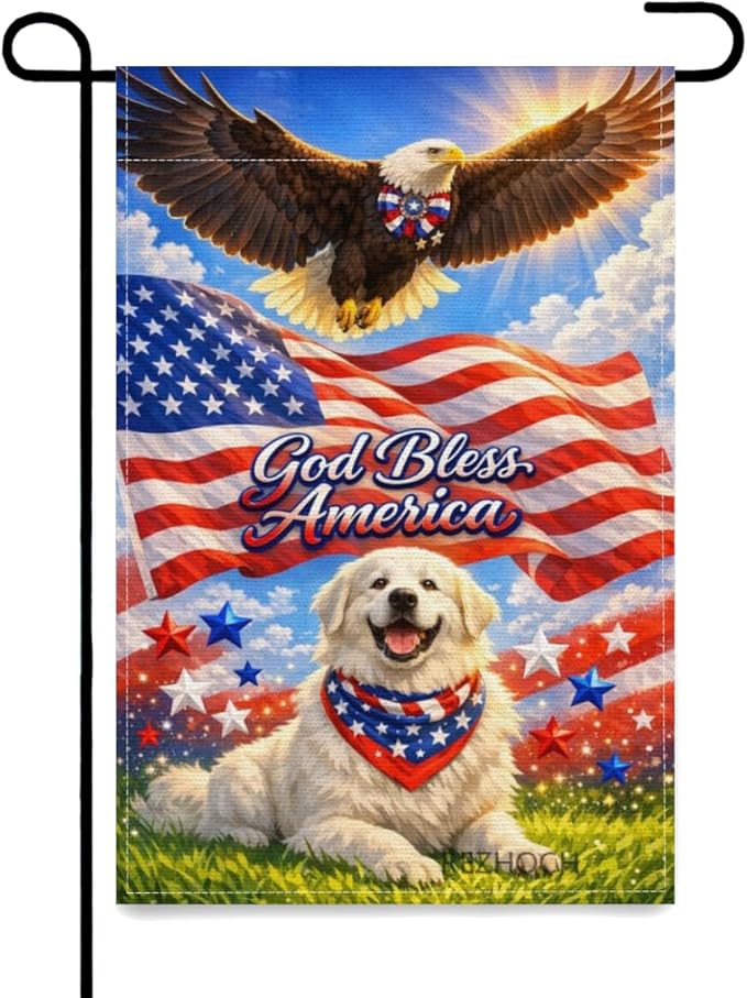 Patriotic Great Pyrenees Garden Flag 12x18 Inch,American Independence Day Outdoor Yard USA Flag Funny Animal,Red White Blue 4th of July Lawn Porch Double Sided Outside Decor