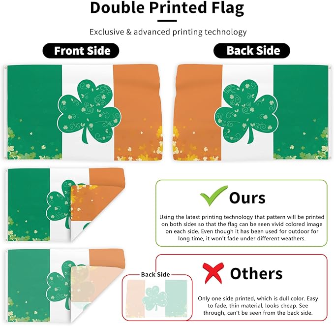 St Patricks Day Flags 3x5 Ft Irish Flag Double Printed Shamrock Ireland National Yard Sign Holiday Party Supplies Wall Decor with Brass Grommets for Outdoor Indoor Garden Home House Garage