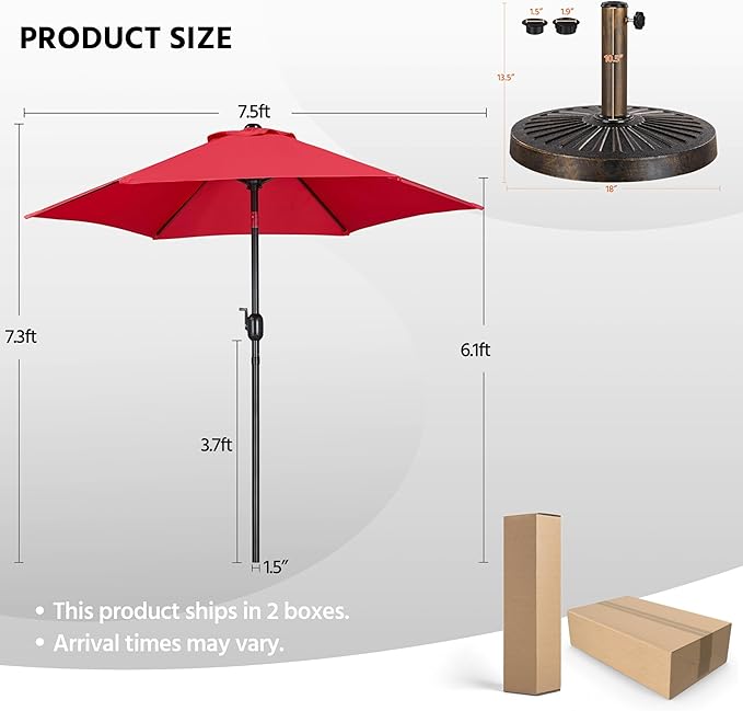 Yaheetech 7.5FT Patio Umbrella Outdoor with Heavy Duty Base Included,Table Umbrella with Push Button Tilt and Crank, UV Protection Waterproof for Yard/Outdoor/Wedding Parties and Events - Red