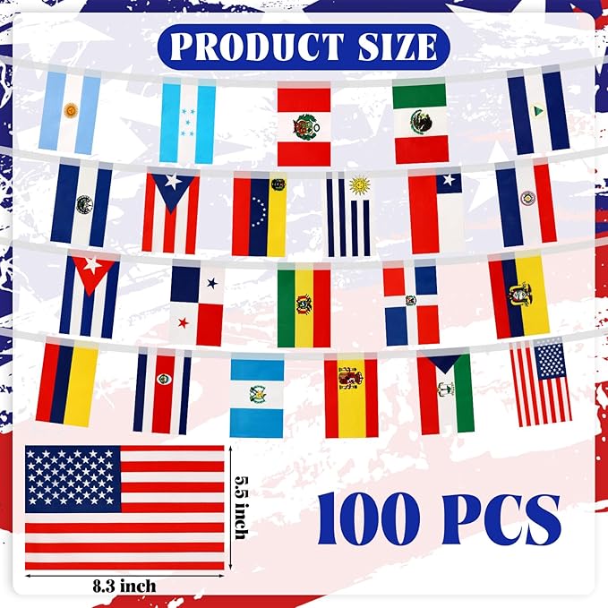 NOVWANG 100pcs Latin America Flags, 4 Set 22 Countries String Flags Spanish Speaking Country Flags Banners Bunting for Hispanic Heritage Month National Hispanic Events Sports Bars(105Ft)