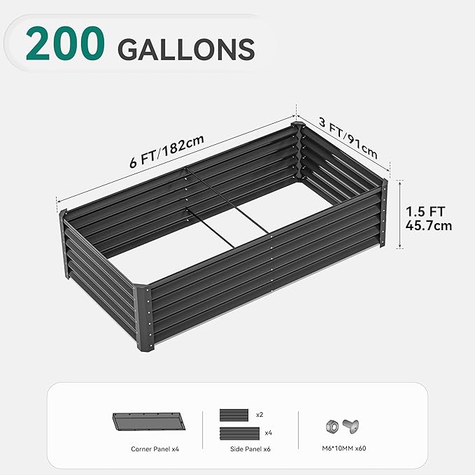 YITAHOME 6x3x1.5ft Large Raised Garden Bed Kit, Galvanized Metal Planter Box with Gloves, Support Rod, Outdoor Above Ground Planters for Plants, Vegetables, Flowers, Black
