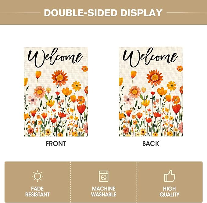 AVOIN colorlife Fall Flowers Welcome Garden Flag 12x18 Inch Double Sided, Seasonal Floral Autumn Rustic Harvest Yard Outdoor Decoration