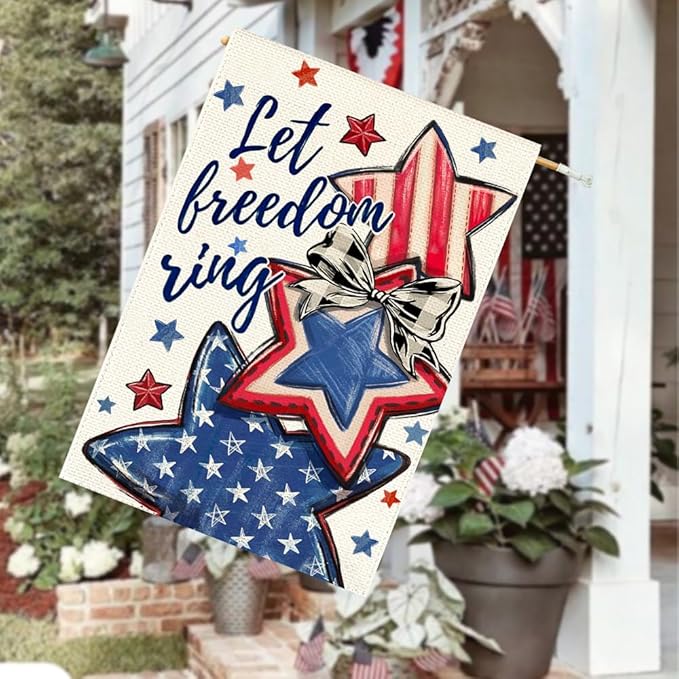 Let Freedom Ring Patriotic House Flag 28x40 Inch Double Sided – Watercolor Stars Red White Blue Heavy Polyester Outdoor Yard Decor for 4th of July, Memorial Day, & Veterans Day