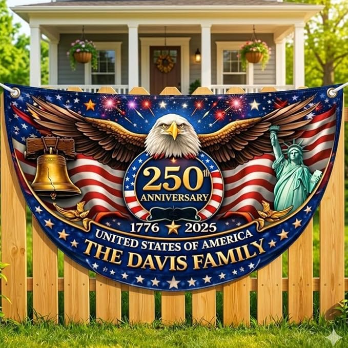 Personalized 250th Anniversary Bunting Flag, Custom Family Name Patriotic Semiquincentennial Porch Decor, 250 Years of Independence Day Gift, Patriotic Family Fence, Garden Decor