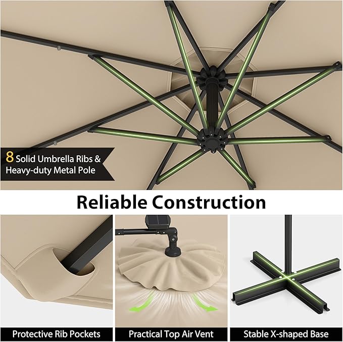 Tangkula 10 FT Solar Patio Umbrella, Offset Cantilever Outdoor Umbrella with 360 Degree Rotation, Aluminum Pole, Easy Tilt Adjustment, Crank Handle & Cross Base for Pool Deck Garden Backyard