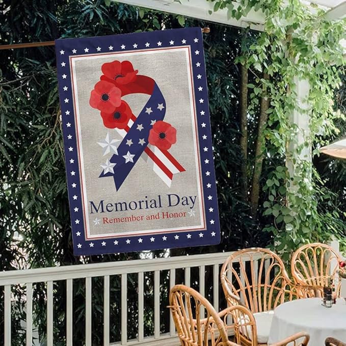 Memorial Day House Flag Ribbon Poppy Stars and Stripes American Patriotic 28 x 40 Inch Vertical Double Sized 4th of July Independence Day Yard Outdoor Decoration