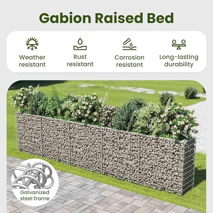 vidaXL Galvanized Steel Gabion Raised Bed/Planter - 177.2"x19.7"x39.4", Robust and Weather-, Ideal for Garden and Patio Plant or Flower Beds