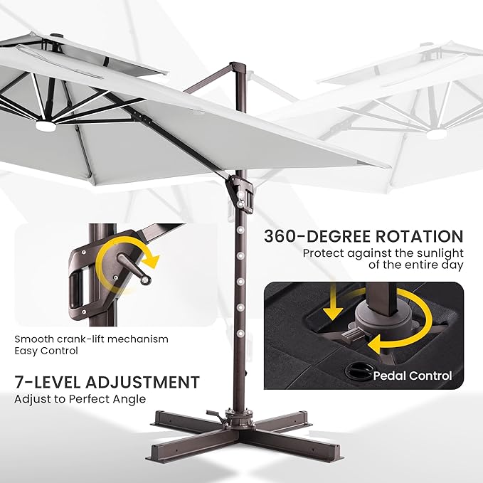 10x10 FT Cantilever Patio Umbrella with Led Lights Double Top Outdoor Square Large Heavy Duty Aluminum Offset Umbrellas with 7 Level Tilt 360-degree Rotation for Pool Garden Deck, Fog Grey