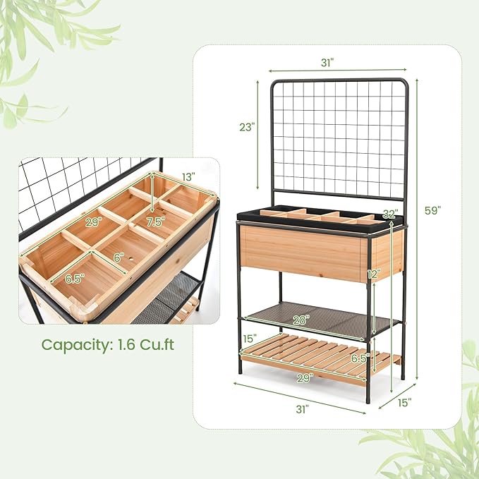 Giantex Raised Garden Bed with Trellis, Elevated Wood Metal Planter Box with 2-Tier Storage Shelves, Grid Divider, Drain Hole & Black Liner, Freestanding Garden Planter for Herb Vegetable Fruit Flower