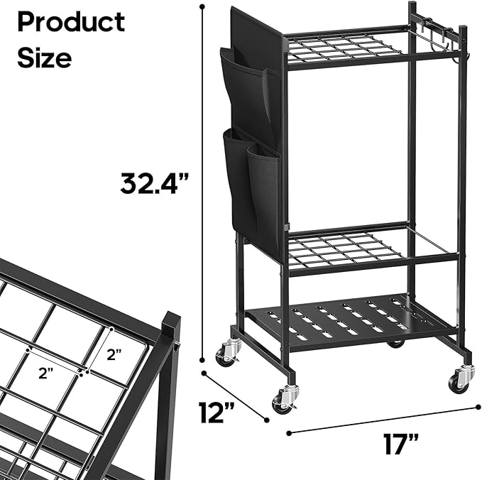 Garden Tool Organizer, Heavy Duty Yard Tool Holder Rack with Hooks and Pockets, Rolling Metal Garage Tool Storage Cart for Outdoor, Black
