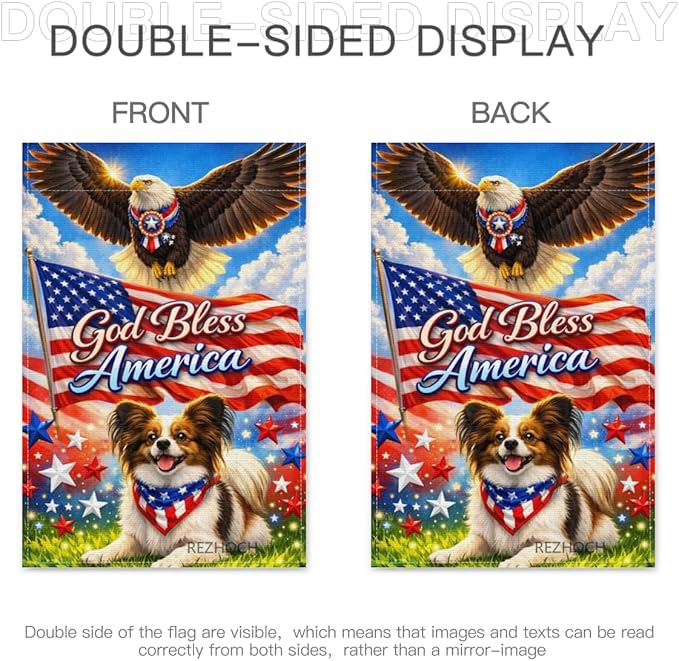 Patriotic Papillon Garden Flag 12x18 Inch,American Independence Day Outdoor Yard USA Flag Funny Animal,Red White Blue 4th of July Lawn Porch Double Sided Outside Decor