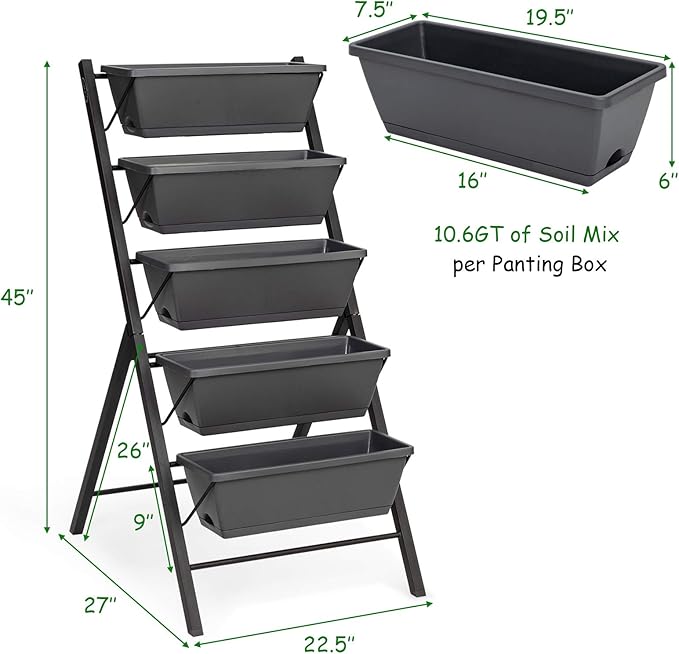 S AFSTAR 5-Tier Vertical Garden Planter, 5-Layer Raised Garden Bed with 5 Detachable Planter Boxes & Metal Frame, Indoor Outdoor Elevated Planting Containers for Flower Vegetables Fruit Herbs