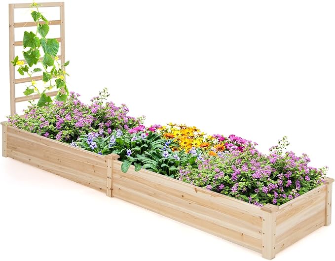 Giantex Raised Garden Bed with Trellis, 93" L x 25" W x 40" H, Wood Planter Box for Vegetables Flowers Herbs Fruits Climbing Plants Cucumber, Easy Assembly, Outdoor Rectangular Floor Gardening Beds
