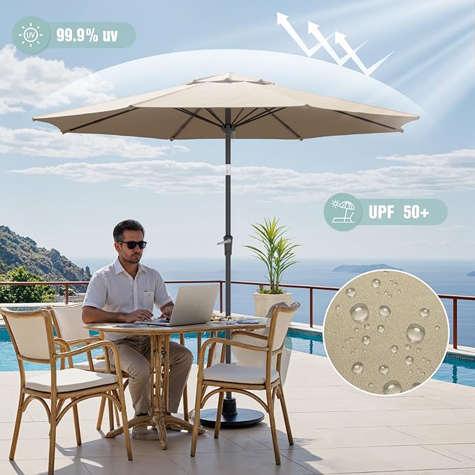 Patio Umbrellas, Pool Umbrella with 8 Sturdy Ribs, Outdoor Umbrella with Push Button Tilt/Crank, Deck Umbrellas, Market Umbrela Table for Backyard, Deck, Garden, Pool
