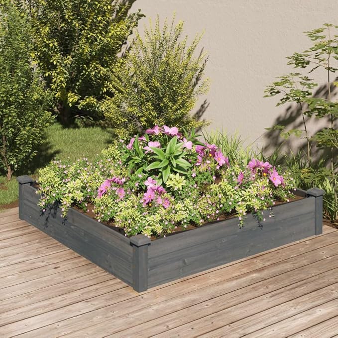 Grey Solid Fir Wood Raised Garden Bed, 47.2x47.2x9.8 Inch Square Planter Box for Outdoor Plants, Durable Garden Bed with Non-Woven Fabric Liner
