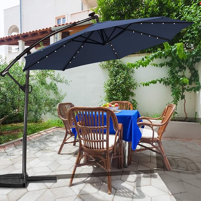 Tangkula 10 FT Solar Patio Umbrella, Offset Cantilever Outdoor Umbrella with 360 Degree Rotation, Aluminum Pole, Easy Tilt Adjustment, Crank Handle & Cross Base for Pool Deck Garden Backyard