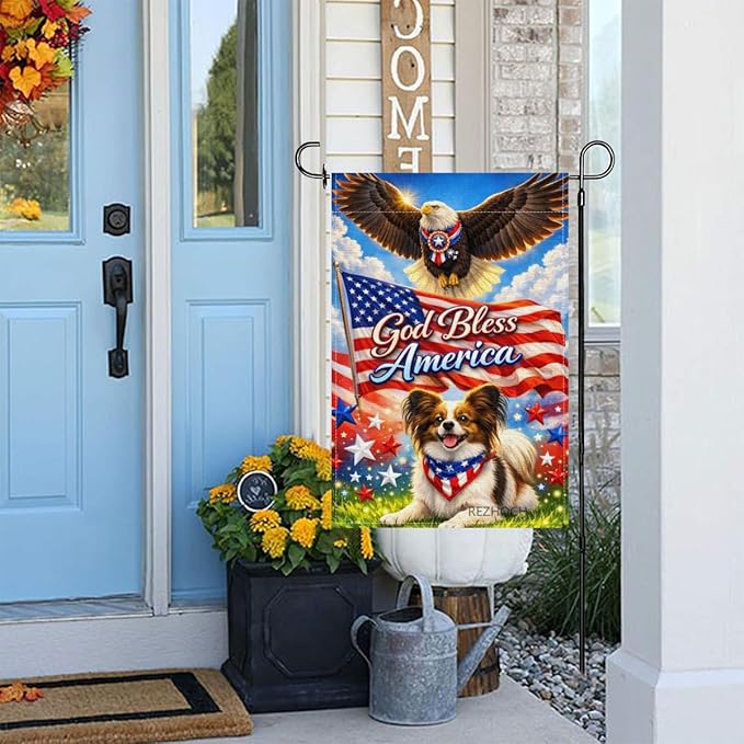 Patriotic Papillon Garden Flag 12x18 Inch,American Independence Day Outdoor Yard USA Flag Funny Animal,Red White Blue 4th of July Lawn Porch Double Sided Outside Decor