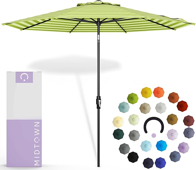The Swilt 9 Feet Outdoor Umbrella With Terylast Pear Stripes (Green/White) Polyester Fabric - Fiberglass Ribs, Auto-Tilt And Swivel Aluminum Frame Patio Umbrella For Deck, Garden, Pool - Black Pole