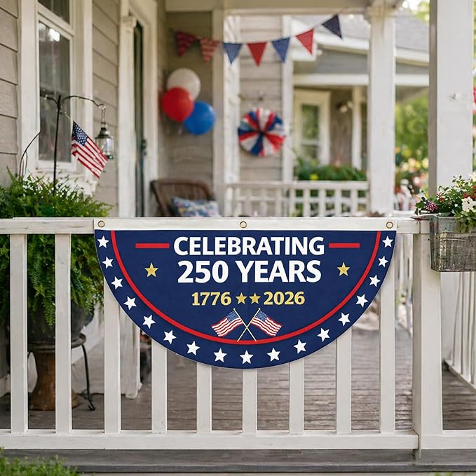 Patriotic 250th Anniversary Fan Flag 2 Pack – 35x18 Inch USA Outdoor Bunting Banner, Double-Sided Half Circle Polyester Flags 1776-2026 with Grommets for Porch, Fence, Window, 4th of July & Memorial Day