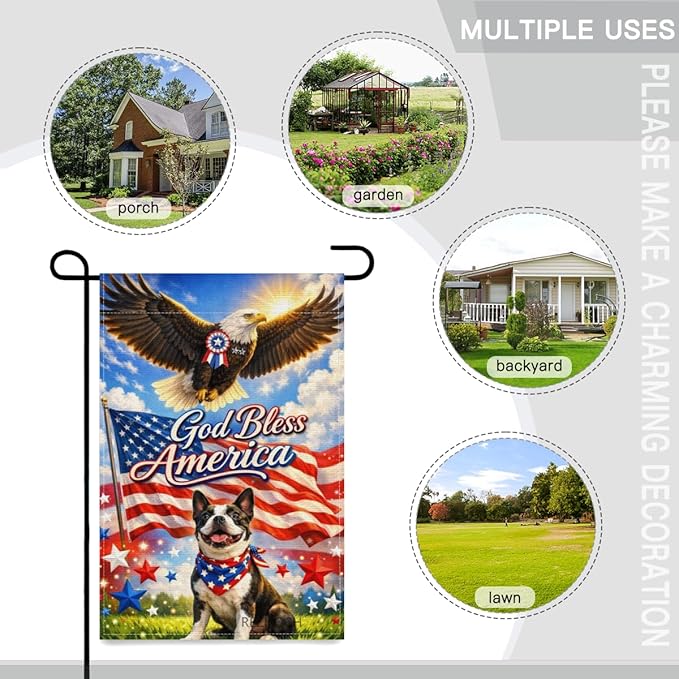 Patriotic Boston Terrier Garden Flag 12x18 Inch,American Independence Day Outdoor Yard USA Flag Funny Animal,Red White Blue 4th of July Lawn Porch Double Sided Outside Decor