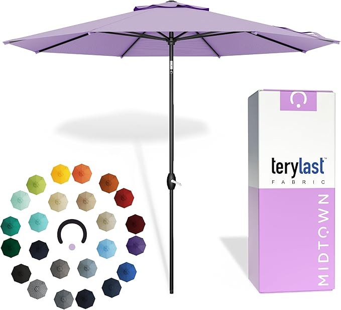 Midtown Umbrellas - 10-Year-No-Fade 6 Ft Patio Umbrella with Terylast Fabric, Auto-Tilt Aluminum Frame and 8 Reinforced Ribs for Deck, Pool, Garden & Beach - Purple Canopy, Black Pole